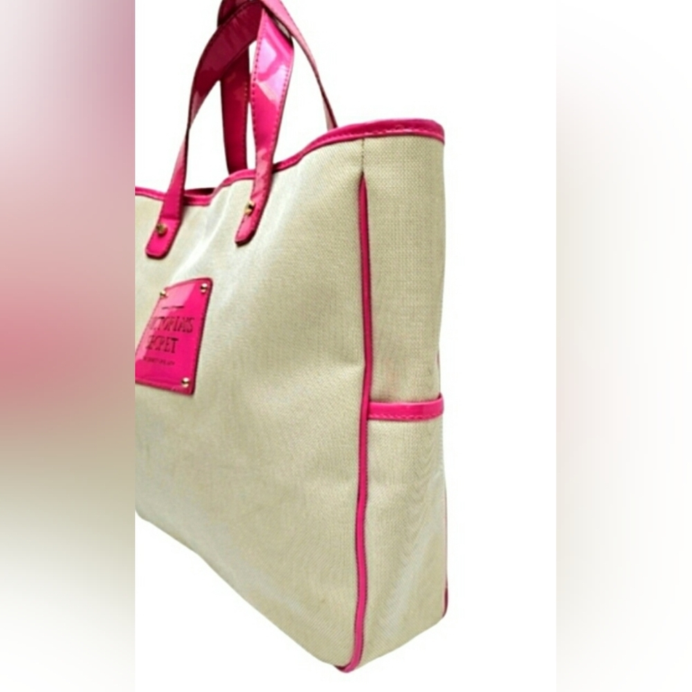 Victoria's Secret Pink Patent Leather & Cream Canvas Large Tote Bag Purse Beach - Picture 4 of 12